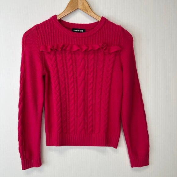 Lands End Sweater Girl Medium Youth Cable Knit Flounced Cotton Pink Party Core - Picture 1 of 13
